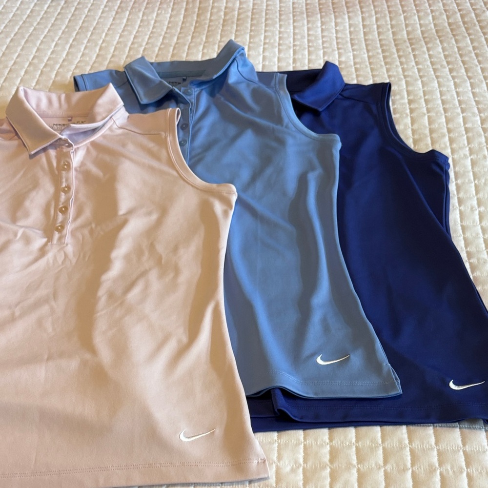 3 Nike Women’s Sleeveless Polo Shirts: Light Purple, Light Blue, & Dark Purple